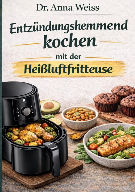 „Dr. Anna Weiss: Entzündungshemmend kochen mit der Heißluftfritteuse.“ Abgebildet sind eine Heißluftfritteuse und Essen.