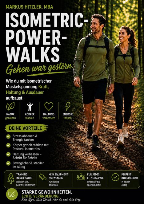 "ISOMETRIC-POWER-WALKS: Gehen war gestern. Zwei Personen wandern lächelnd durch einen grünen, sonnenbeschienenen Waldpfad."