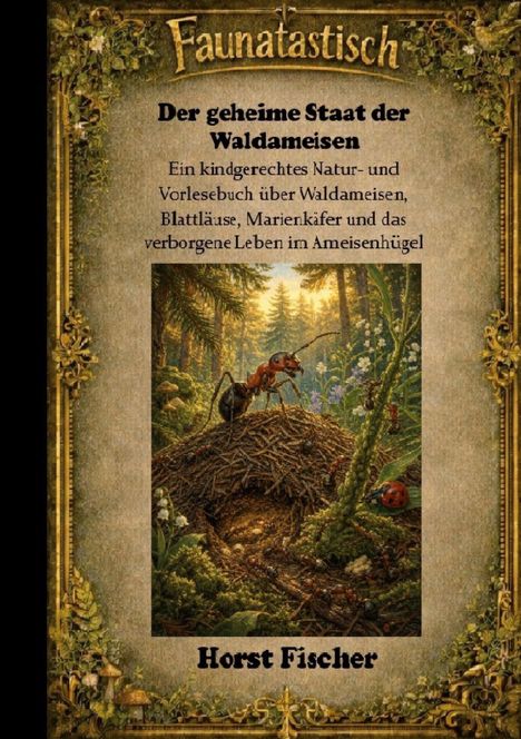 "Faunatastisch. Der geheime Staat der Waldameisen. Horst Fischer." Eine detaillierte Illustration eines Ameisenhügels im Wald.