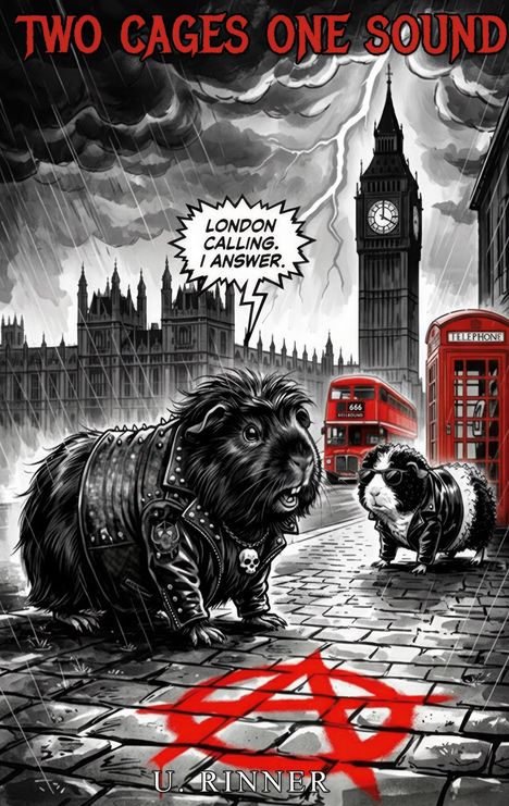 "Two Cages One Sound" und "London calling. I answer." Zwei Meerschweinchen in Lederjacken vor Big Ben und rotem Bus.