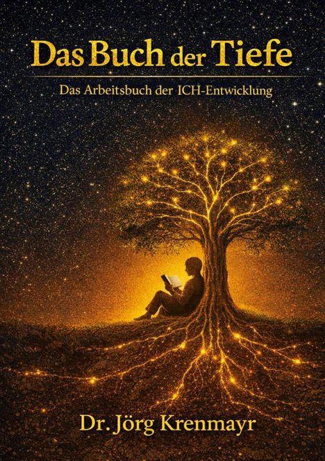 „Das Buch der Tiefe, Das Arbeitsbuch der ICH-Entwicklung, Dr. Jörg Krenmayr.“ Eine Illustration mit Baum und lesender Person.