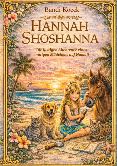 Oben steht "Bandi Koeck, Hannah Shoshanna". Darunter "Die lustigen Abenteuer eines mutigen Mädchens auf Hawaii". Ein Mädchen mit Fernglas sitzt am Strand mit einem Hund, einer Katze und einem Pony.