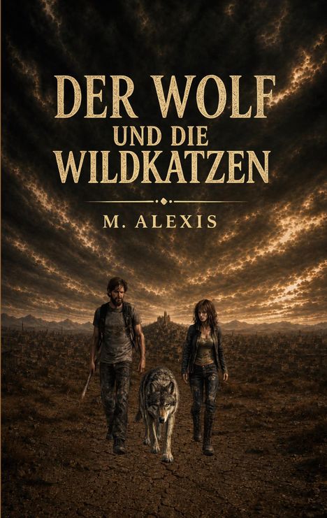 "Der Wolf und die Wildkatzen" von M. Alexis. Zwei Menschen und ein Wolf vor einer düsteren Stadt und dramatischem Himmel.