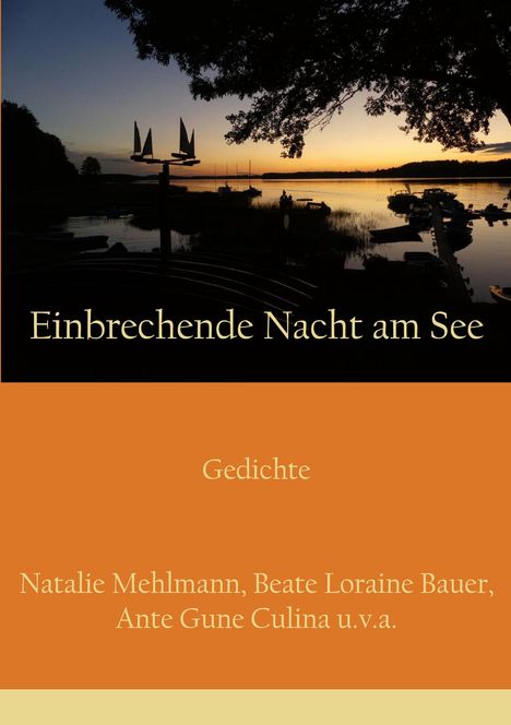 "Einbrechende Nacht am See" ist der Titel, gefolgt von "Gedichte". Autoren sind Natalie Mehlmann u. a. Silhouette eines Sees bei Sonnenuntergang.