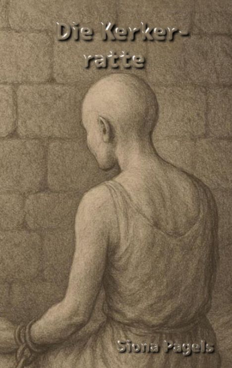 "Die Kerker- ratte" oben, "Siona Pagels" unten. Illustration einer kahlköpfigen Person in Ketten vor einer Steinwand.
