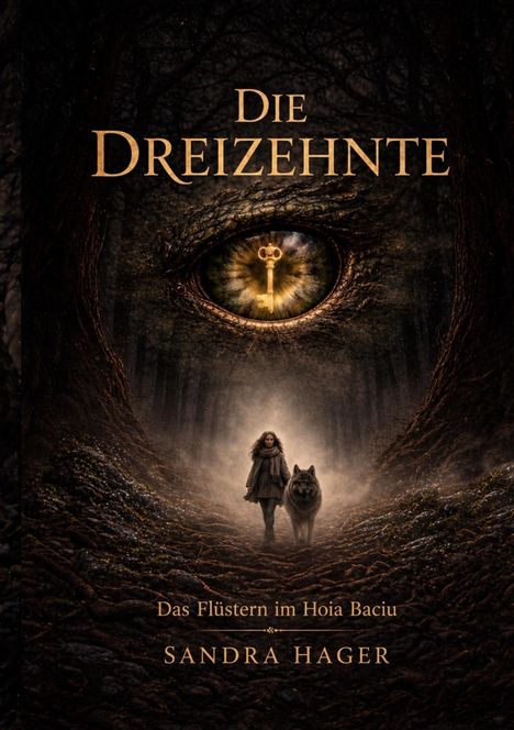 "Die Dreizehnte. Das Flüstern im Hoia Baciu. Sandra Hager." Eine Frau mit einem Wolf in einem düsteren Wald, großes Auge.
