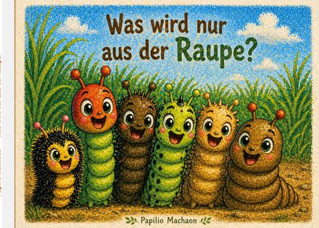 "Was wird nur aus der Raupe?" Sechs bunte, fröhliche Raupen lächeln in einer grünen Wiese. Unten steht "Papilio Machaon".