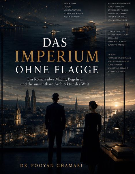 „Das Imperium Ohne Flagge“ von Dr. Pooyan Ghamari. Zwei Personen blicken auf eine Stadt bei Sonnenuntergang.