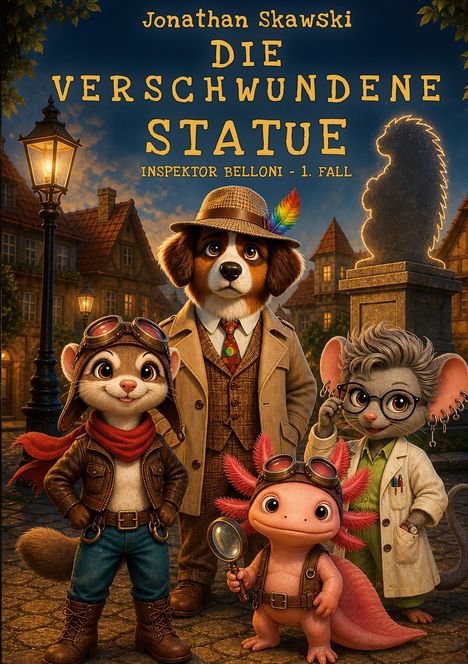 Titel: "Die Verschwundene Statue" von Jonathan Skawski. Illustration mit tierischen Detektiven in einer nächtlichen Altstadt.