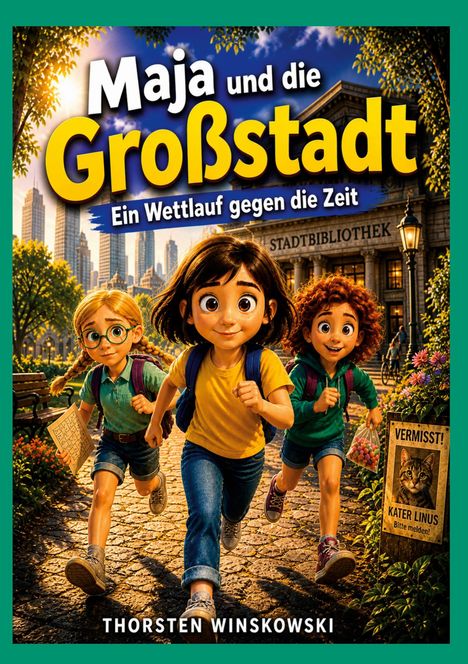 "Maja und die Großstadt: Ein Wettlauf gegen die Zeit", drei Kinder rennen, Stadt im Hintergrund, Plakat vermisster Kater.