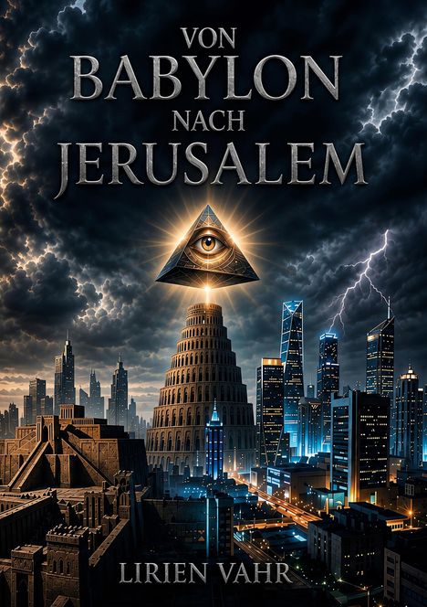 "Von Babylon nach Jerusalem" und "Lirien Vahr". Illustration: Auge in Pyramide über Turm, Skyline, dramatische Wolken.