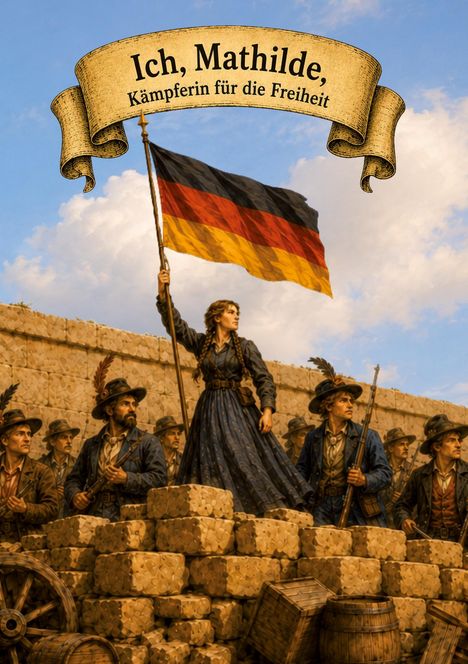 "Ich, Mathilde, Kämpferin für die Freiheit" auf einem Banner. Eine Frau hält die deutsche Flagge, umgeben von Männern in Uniformen.