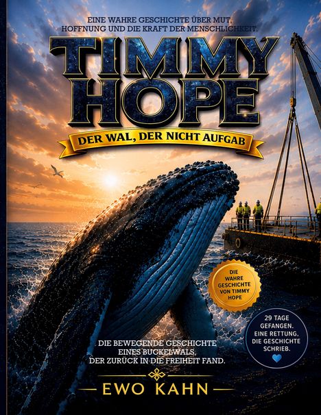 "Timmy Hope: Der Wal, der nicht aufgab" zeigt einen Buckelwal, Kräne, Sonnenuntergang. Autor: Ewo Kahn.