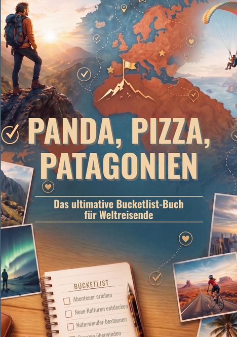 „Panda, Pizza, Patagonien“, darüber ein Abenteurer mit Blick auf Berge, Landkarte und Bucketlist-Notizbuch.