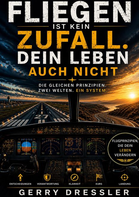 Text: „Fliegen ist kein Zufall. Dein Leben auch nicht. Die gleichen Prinzipien. Zwei Welten. Ein System. Gerry Dressler.“

Eine Illustration zeigt das Cockpit eines Flugzeugs bei Sonnenuntergang, das über eine beleuchtete Landebahn fliegt.