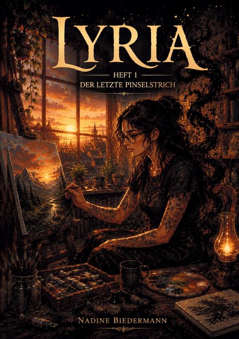 "Lyria: Heft 1, Der letzte Pinselstrich." Eine Frau malt bei Sonnenuntergang in einem gemütlichen Atelier mit vielen Pflanzen.