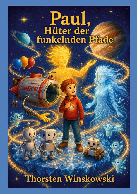 Buchtitel: „Paul, Hüter der funkelnden Pfade“. Illustration mit Jungen, Robotern, Himmelskörpern und magischen Wesen.