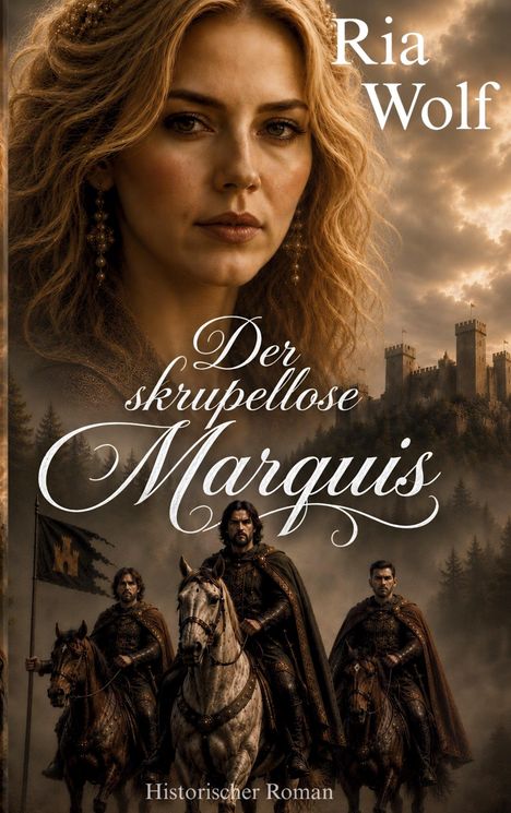 "Ria Wolf, Der skrupellose Marquis, Historischer Roman." Gezeigt sind eine Frau im Vordergrund und drei Reiter vor einer Burg.