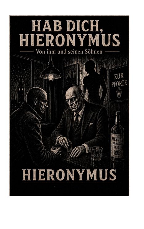 "Hab dich, Hieronymus. Von ihm und seinen Söhnen. Zur Pforte." Zwei Männer in einem dunklen Raum, sitzen an einem Tisch.