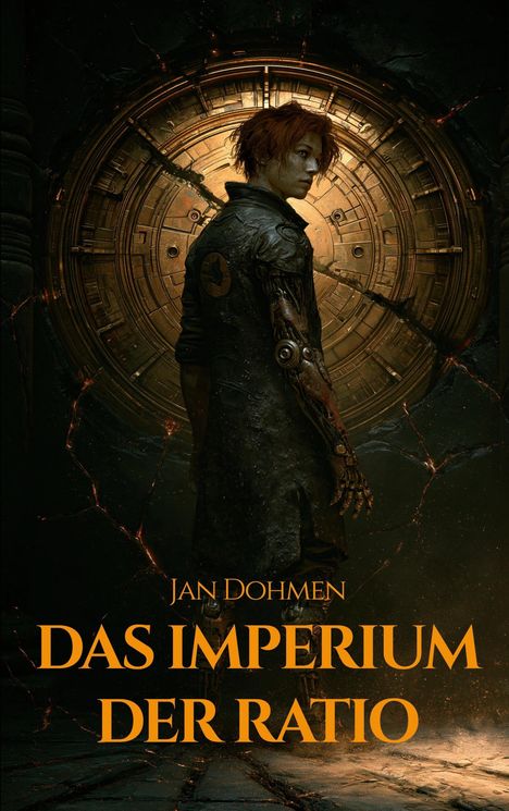 "Jan Dohmen. Das Imperium der Ratio." Eine Person mit rotem Haar und mechanischem Arm vor einem großen, runden Tor.
