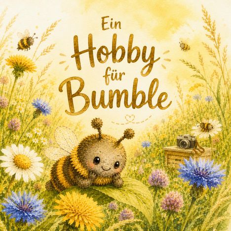 Text: "Ein Hobby für Bumble." Eine niedliche Biene liegt lächelnd auf einem Blatt, umgeben von bunten Blumen und einer Kamera.