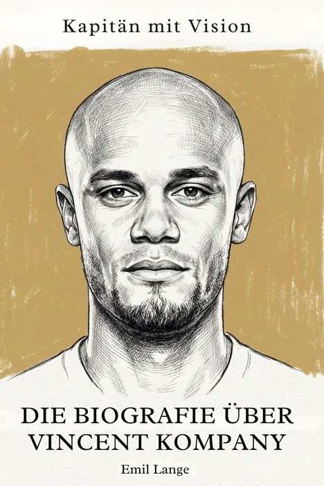 „Kapitän mit Vision“; „Die Biografie über Vincent Kompany“ von Emil Lange. Illustration eines Mannes mit Bart.