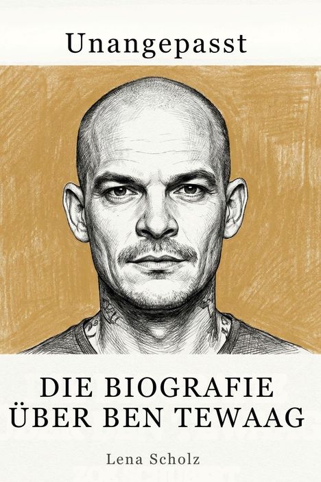 "Unangepasst. Die Biografie über Ben Tewaag. Lena Scholz." Illustration eines kahlköpfigen Mannes mit tätowiertem Hals.
