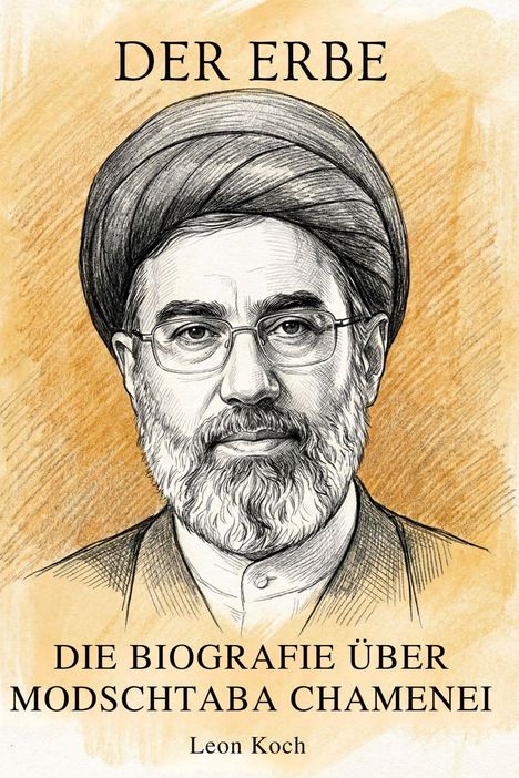 „DER ERBE. DIE BIOGRAFIE ÜBER MODSCHTABA CHAMENEI. Leon Koch.“ Illustration eines Mannes mit Brille und Turban.