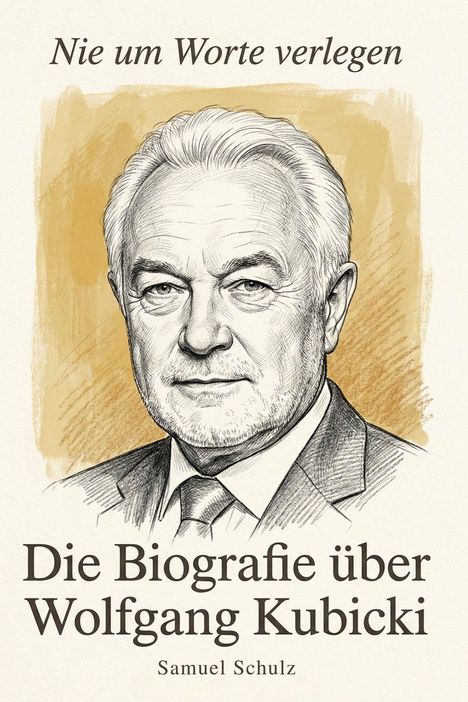 "Nie um Worte verlegen. Die Biografie über Wolfgang Kubicki. Samuel Schulz." Zeichnung eines älteren Mannes mit Anzug.