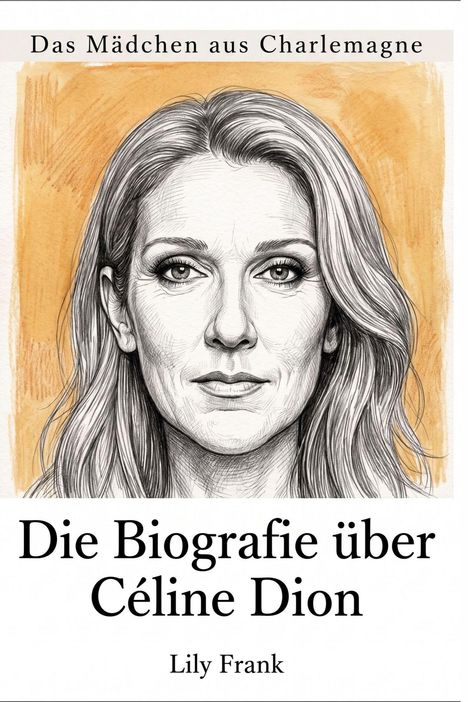 "Das Mädchen aus Charlemagne. Die Biografie über Céline Dion. Lily Frank." Schwarz-weiße Zeichnung des Gesichts einer Frau.