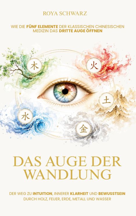 Buchtitel: "Das Auge der Wandlung". Illustrationen von fünf Elementen um ein farbiges Auge.