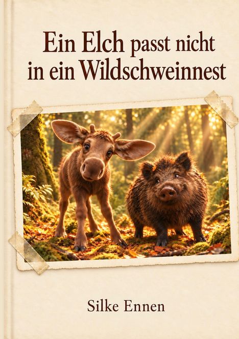 Text: "Ein Elch passt nicht in ein Wildschweinnest" und "Silke Ennen". Illustration: Ein junges Wildschwein und Elch in einem Wald.