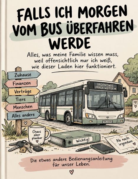 Covertext: "Falls ich morgen vom Bus überfahren werde." Illustration eines Busses, Straßenschilds und Alltagsgegenständen.