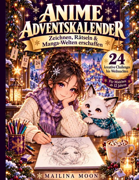 Der Titel "Anime Adventskalender". Ein Mädchen zeichnet, neben ihr ein weißer, lächelnder Fuchs. Festlich dekoriert.