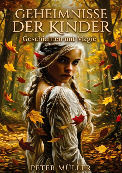 „GEHEIMNISSE DER KINDER“ und „Geschichten mit Magie“ von Peter Müller. Frau mit Zöpfen im bunten Herbstwald.