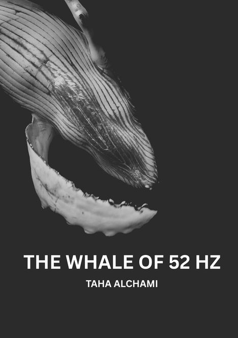 "The Whale of 52 Hz, Taha Alchami." Ein Schwarz-Weiß-Bild eines Wals, der im Wasser schwimmt.