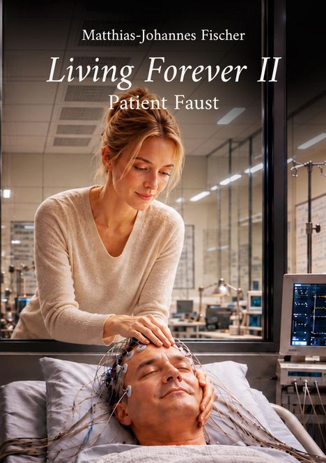 Text: „Matthias-Johannes Fischer, Living Forever II, Patient Faust.“ Frau betreut entspannt lächelnden Mann mit Kabeln am Kopf.