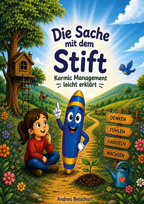 Eine Illustration mit dem Titel "Die Sache mit dem Stift", darunter "Karmic Management leicht erklärt". Ein lachender Stift, ein Mädchen, Schilder mit "DENKEN", "FÜHLEN", "HANDELN", "WACHSEN" und eine bunte Landschaft mit Baumhaus und Blumen.