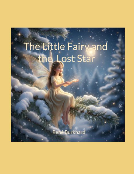 Text: "The Little Fairy and the Lost Star" und "René Burkhard". Illustration: Eine Fee sitzt auf einem Schneezweig unter einem Sternenhimmel.