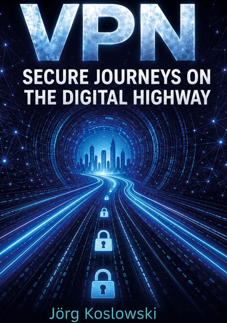 "VPN: Secure Journeys on the Digital Highway" von Jörg Koslowski. Illustration: digitale Straße mit Vorhängeschlössern.