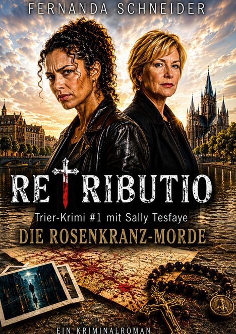 Ein Kriminalroman-Cover mit zwei ernsten Frauen, städtischer Hintergrund, Fotos, Rosenkranz und blutverschmierte Karte.