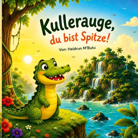 „Kullerauge, du bist Spitze!“ von Heidrun M’Butu. Illustration: Fröhliches Krokodil vor tropischer Insel mit Wasserfällen.