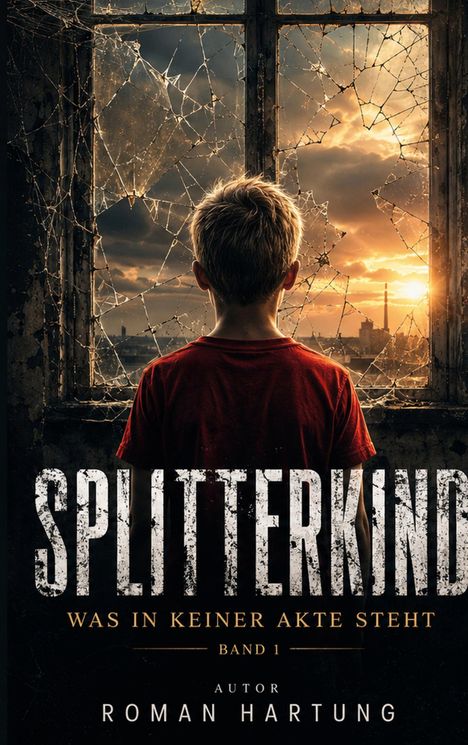 Text: "Roman Hartung, SPLITTERKIND, WAS IN KEINER AKTE STEHT, BAND 1". Illustration: Schwarze Farbkleckse, Koffer, Kind.