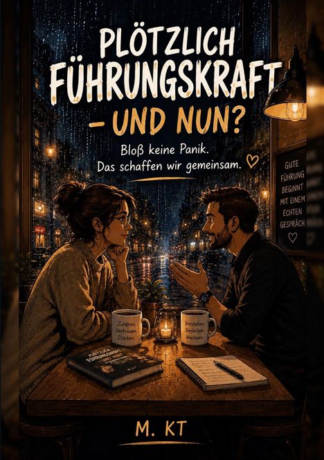 „Plötzlich Führungskraft – Und nun? Bloß keine Panik. Das schaffen wir gemeinsam.“ Zwei Personen sprechen sich an einem Tisch gegenüber.
