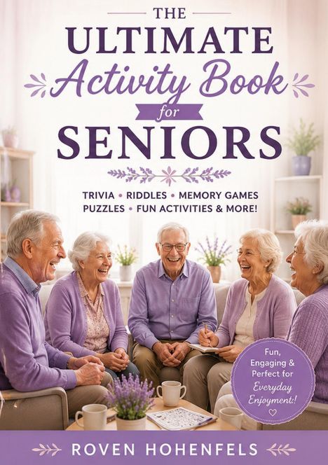 "The Ultimate Activity Book for Seniors" zeigt vier lachende ältere Menschen in lila Kleidung.