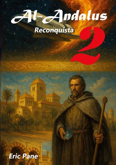 "Al-Andalus Reconquista 2" in großen Buchstaben. Ein Mann in historischer Kleidung steht vor einem Gebäude.