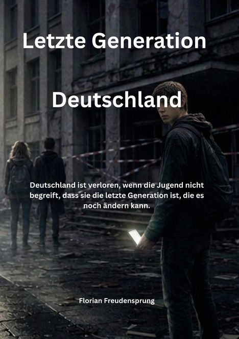 „Letzte Generation Deutschland“, Aussage: „Deutschland ist verloren...ändern kann.“ Junge mit Handy vor verlassenem Gebäude.