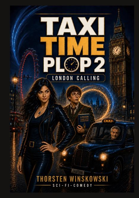 "Taxi Time Plop 2: London Calling". Fahrer im Taxi, Frau in Lederjacke, Mann mit Brille. Hintergrund: London mit Big Ben. Sci-Fi-Comedy.