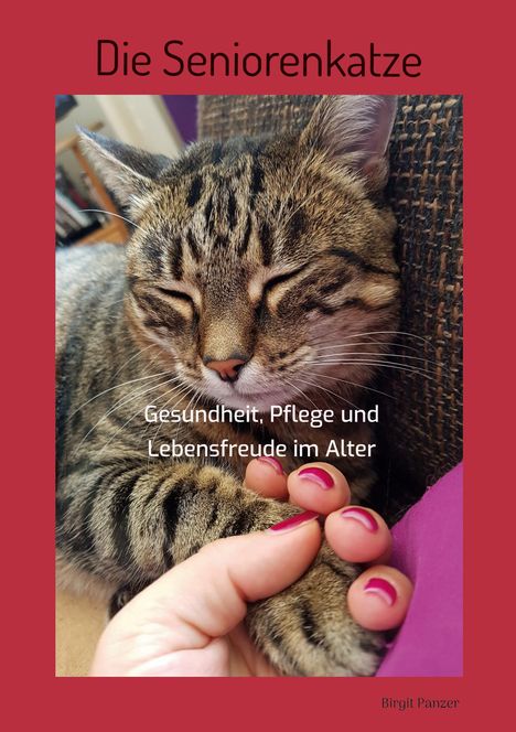 "Die Seniorenkatze", "Gesundheit, Pflege und Lebensfreude im Alter". Eine graue Katze schläft und wird gehalten.