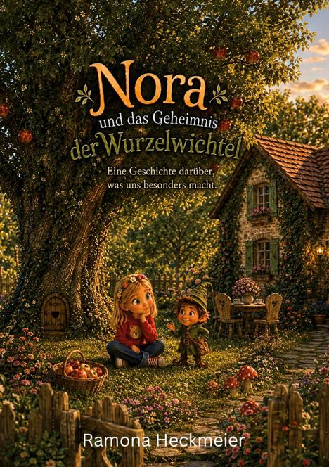 "Nora und das Geheimnis der Wurzelwichtel. Eine Geschichte darüber, was uns besonders macht." Mädchen und Wichtel sitzen.